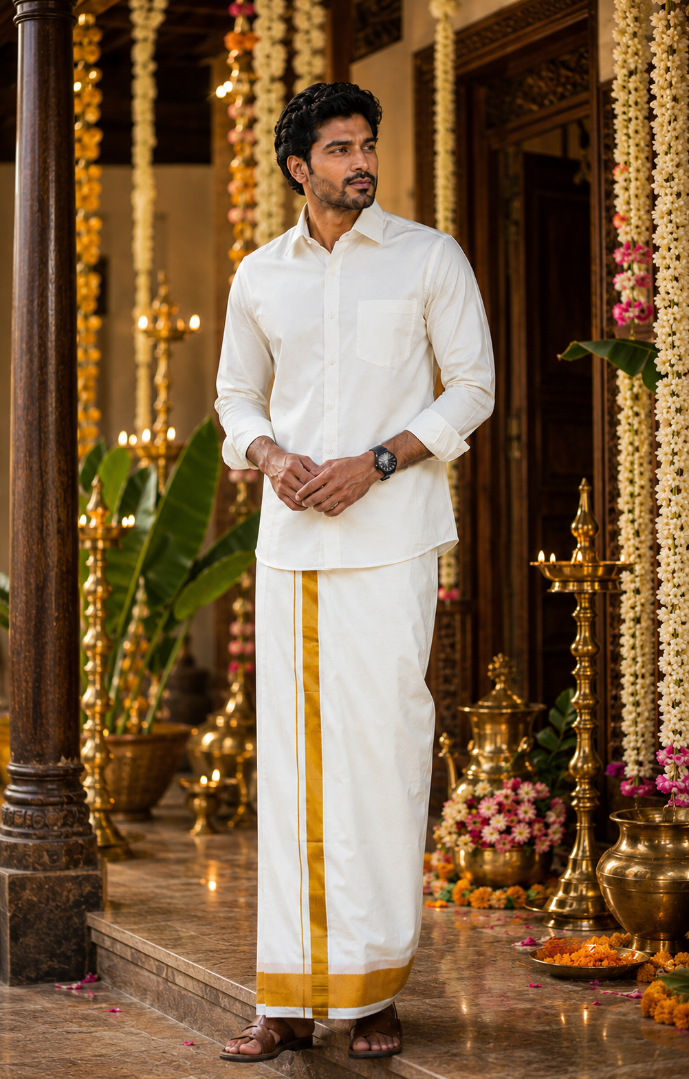 Art Silk Combo - Cream Color with Gold Zari Border — Art Silk