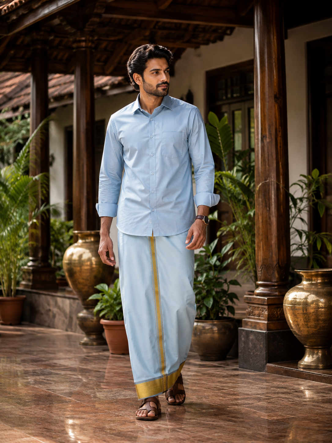 Art Silk Combo - Lite Sky Blue with Gold Zari Border — Art Silk in Lite Sky Blue — view 3