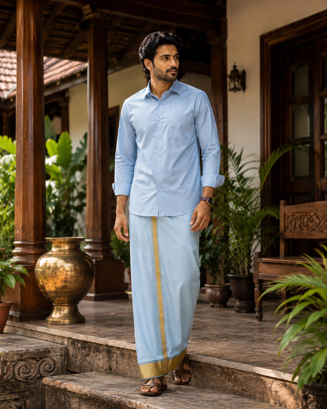 Art Silk Combo - Lite Sky Blue with Gold Zari Border — Art Silk in Lite Sky Blue — view 2