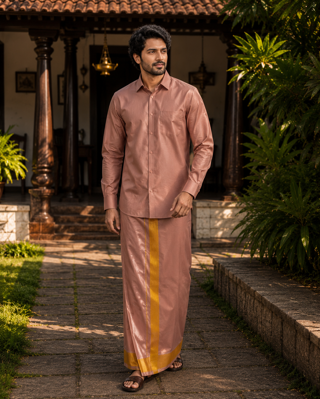 Art Silk Combo - Copper Tone with Gold Zari Border — Art Silk in Copper tone — view 3