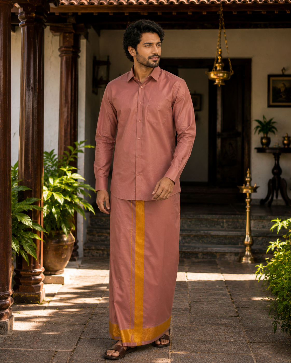 Art Silk Combo - Copper Tone with Gold Zari Border — Art Silk in Copper tone — view 2