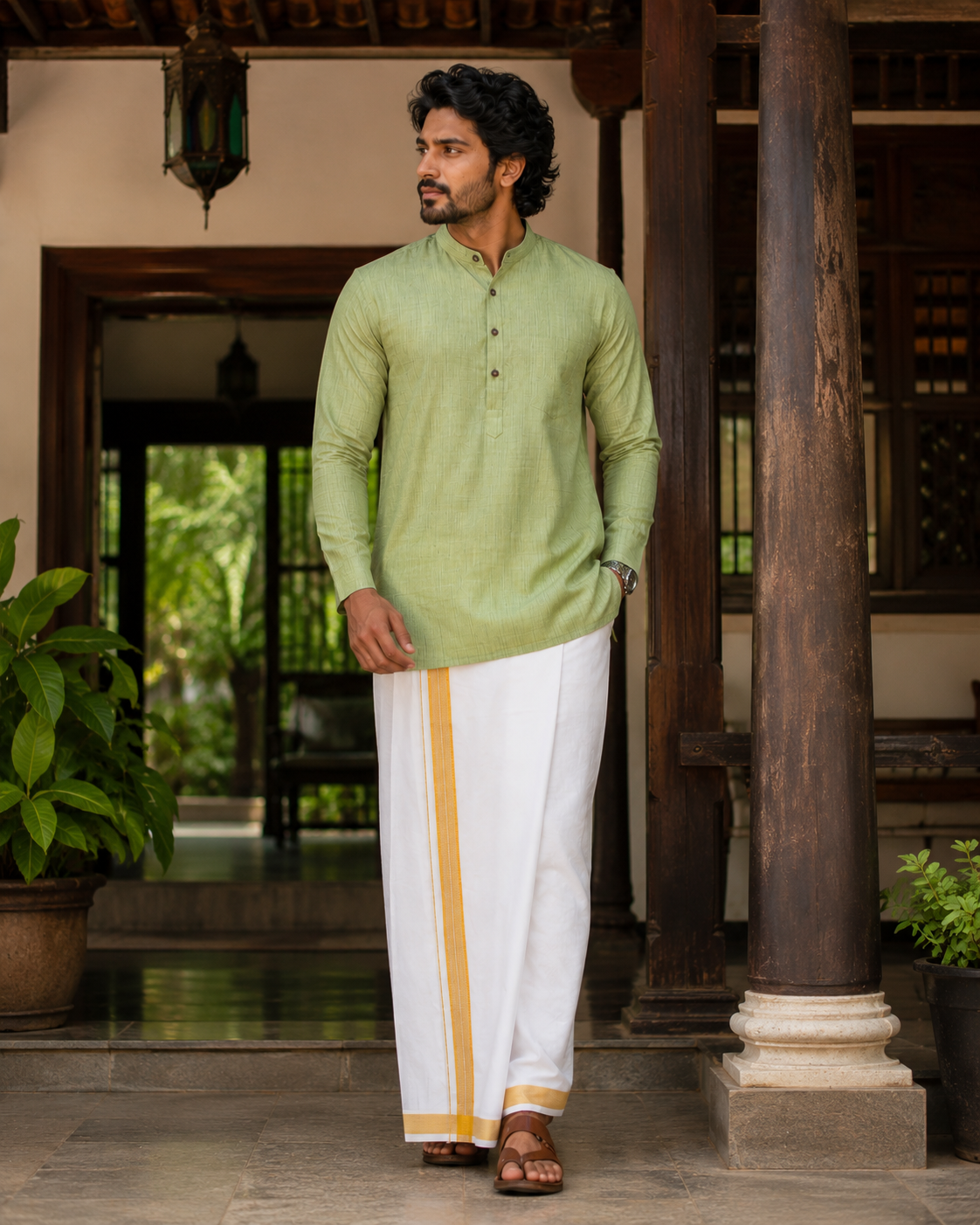 Mellizhai Kurta Combo - 100% Cotton Green Color with Gold Zari Border — Cotton