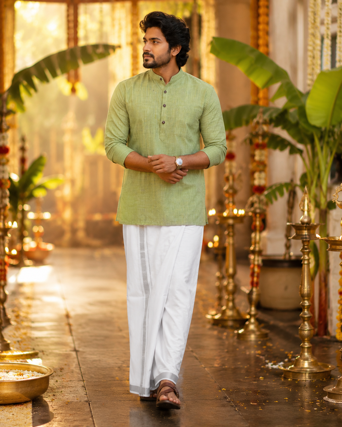 Mellizhai Kurta Combo - 100% Cotton Green Color with Silver Zari Border — Cotton