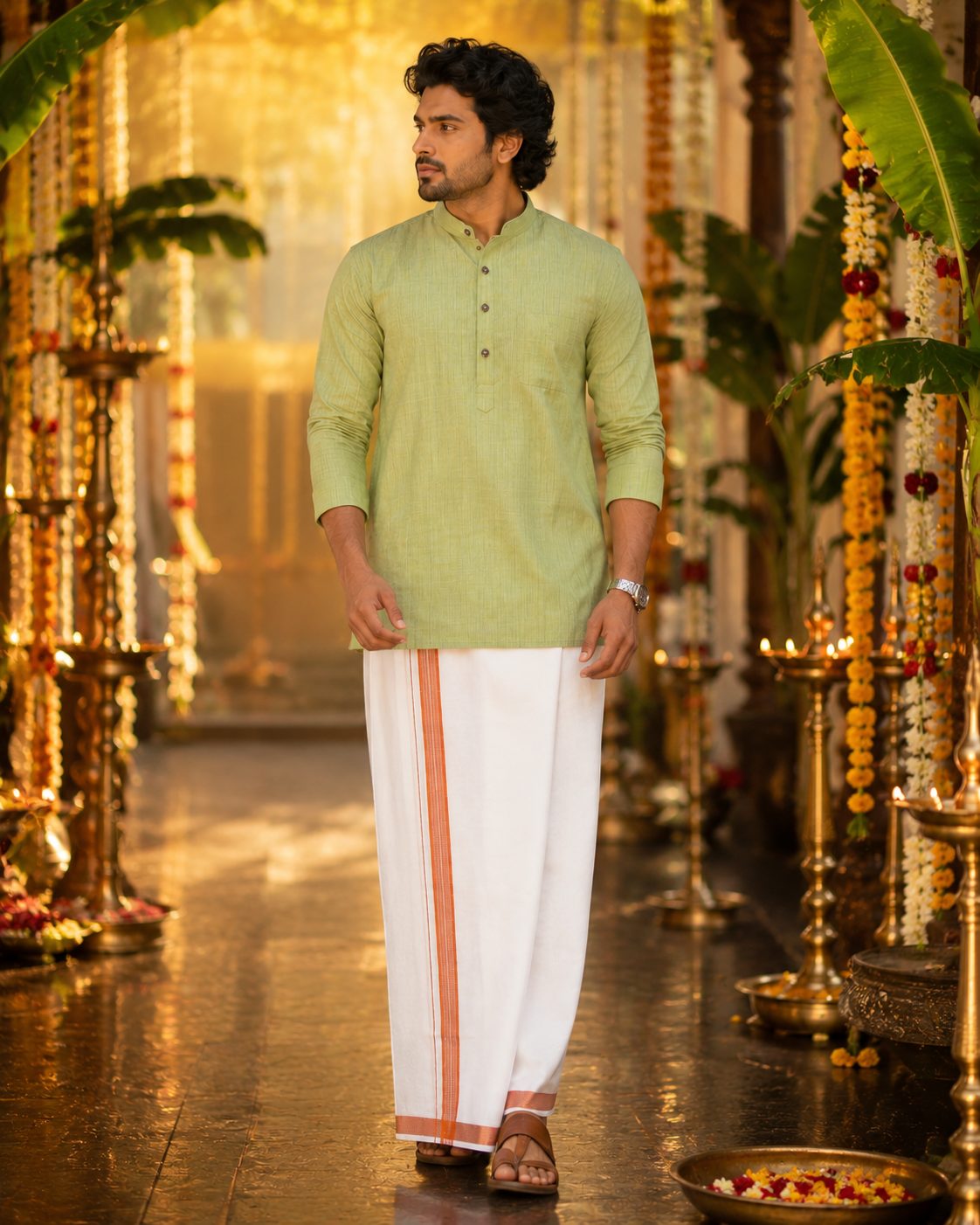 Mellizhai Kurta Combo - 100% Cotton Green Color with Copper Zari Border — Cotton