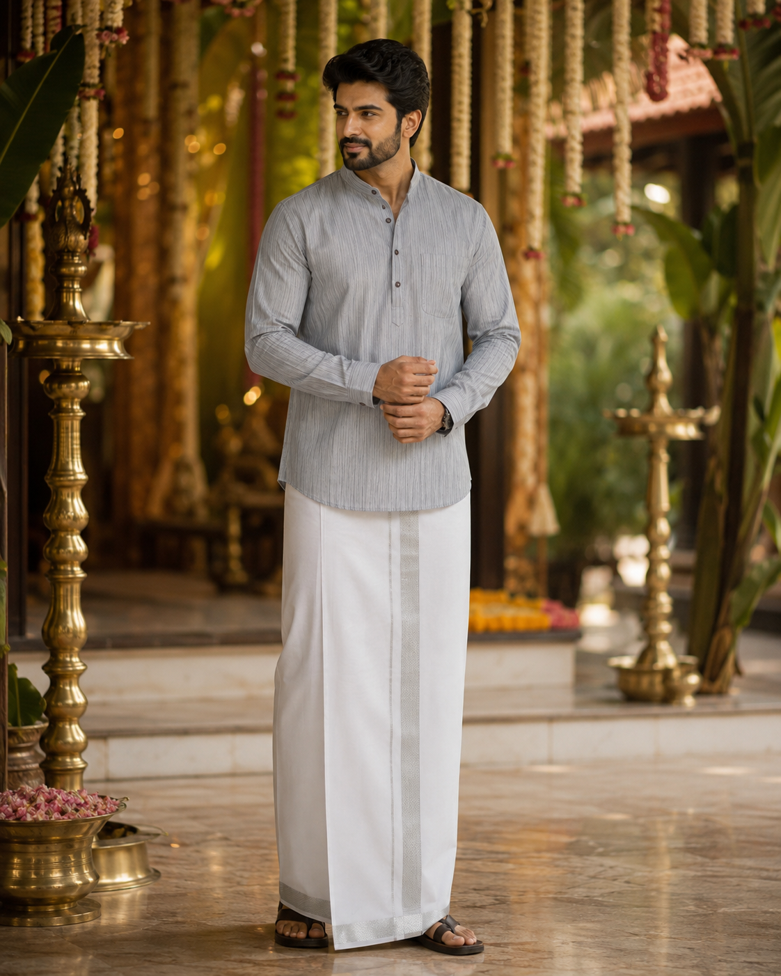 Mellizhai Kurta Combo - 100% Cotton Grey striped Color with Silver Zari Border — Cotton