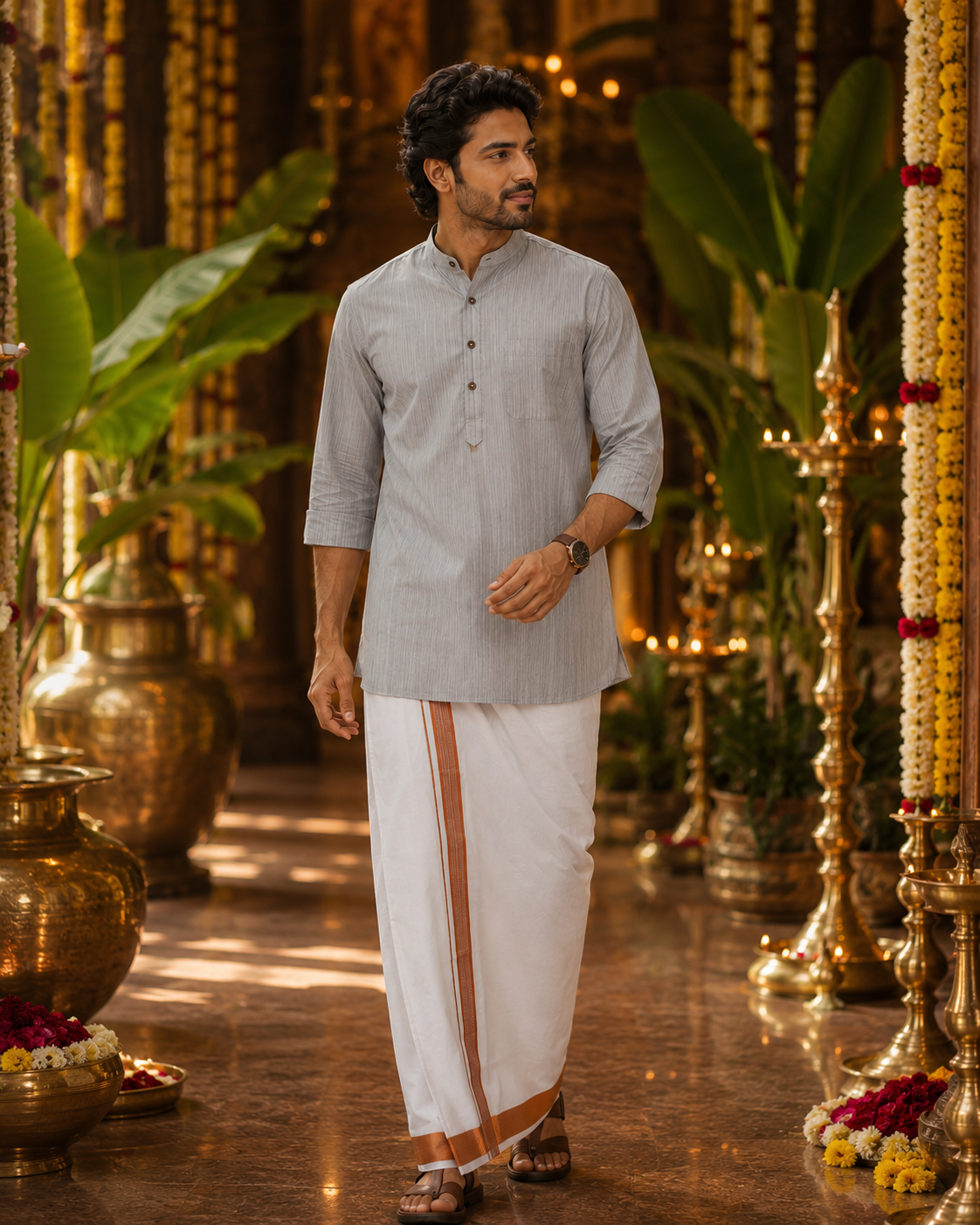 Mellizhai Kurta Combo - 100% Cotton Grey striped Color with Copper Zari Border — Cotton