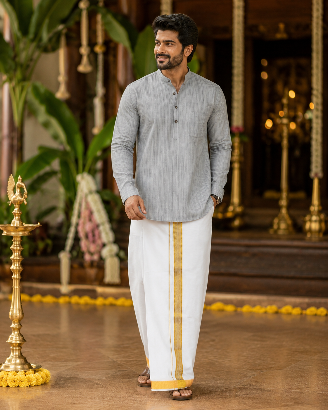 Mellizhai Kurta Combo - 100% Cotton Grey striped Color with Gold Zari Border — Cotton