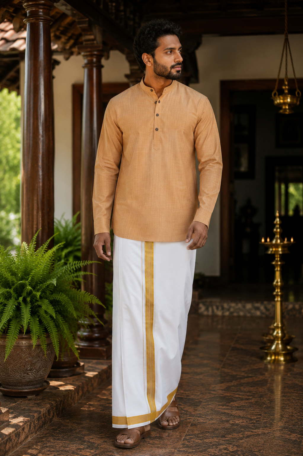 Mellizhai Kurta Combo - 100% Cotton Dusar Color with Gold Zari Border — Cotton in Dusar — view 2