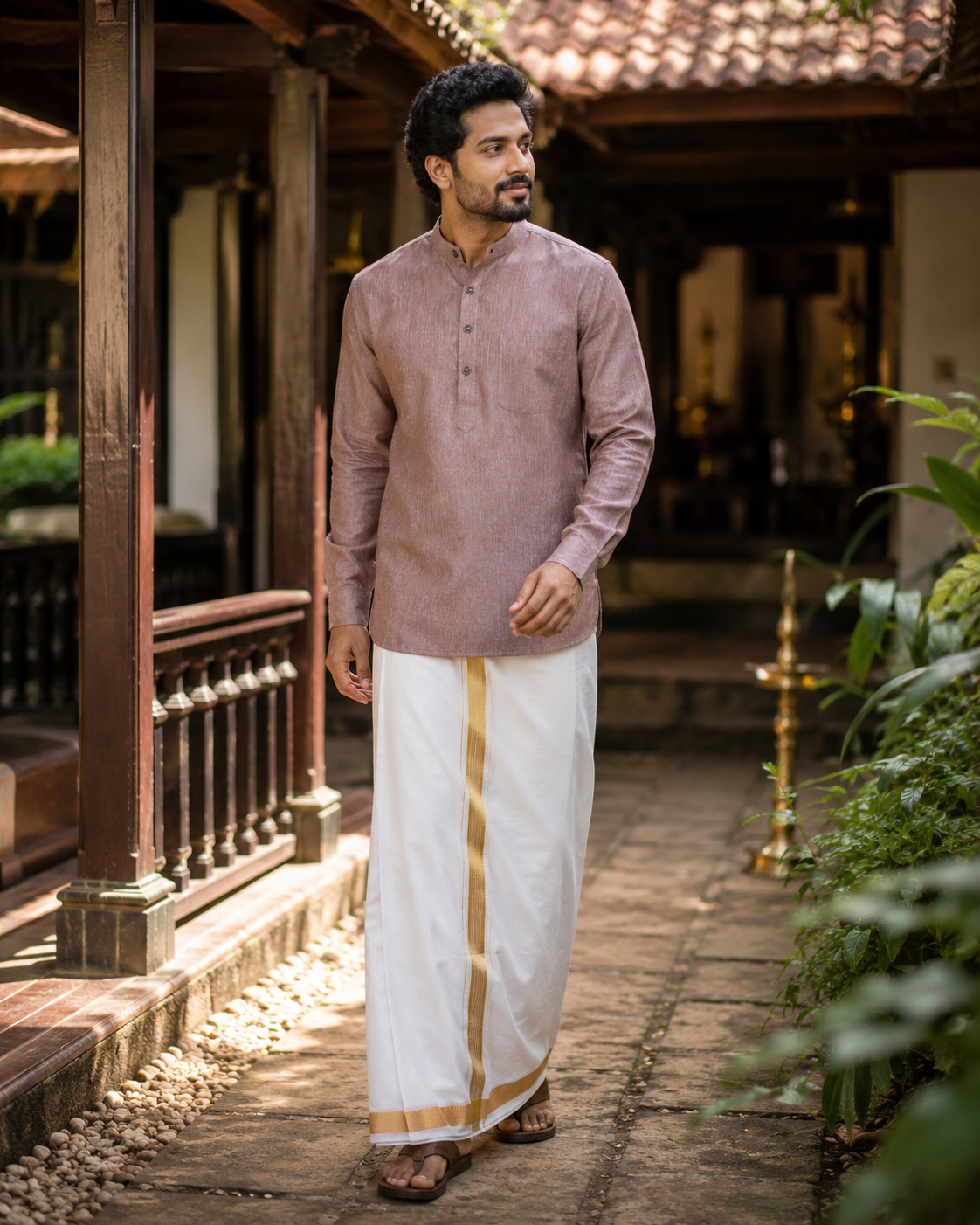 Mellizhai Kurta Combo – 100% Cotton Rust Maroon with Gold Zari Border — Cotton in Rust Maroon — view 2