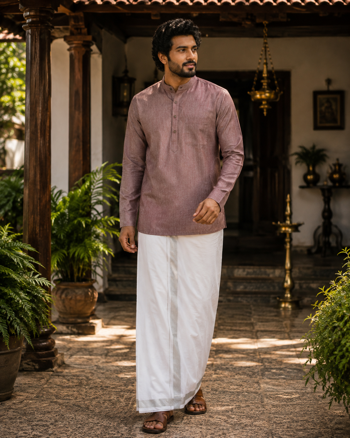 Mellizhai Kurta Combo - 100% Cotton Rust Maroon Color with Silver Zari Border — Cotton in Rust Maroon — view 2