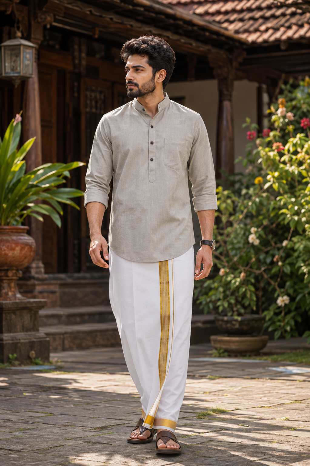 Mellizhai Kurta Combo – 100% Cotton Grey with Gold Zari Border — Cotton in Grey — view 2