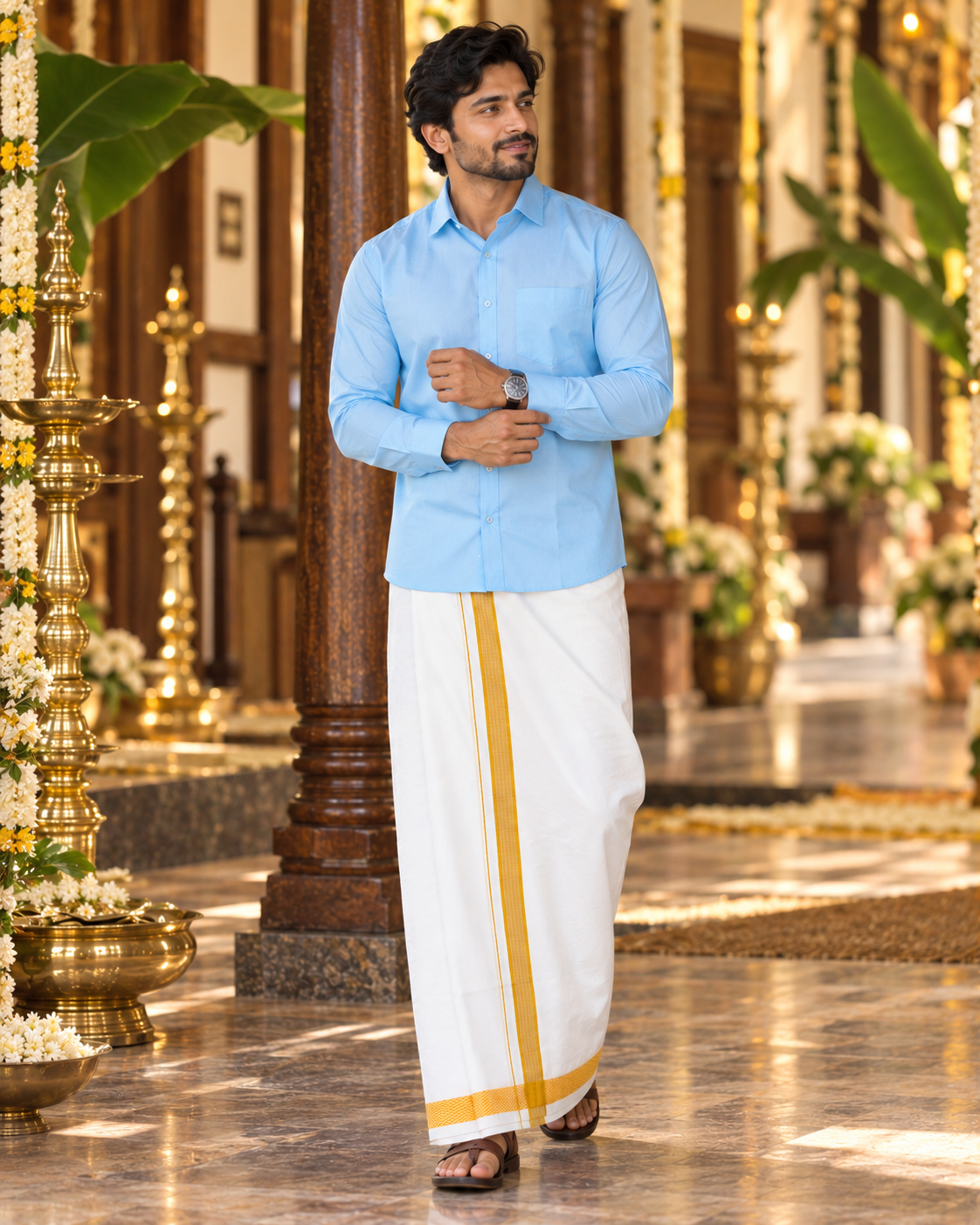 Mellizhai – 100% Cotton Lite Sky Blue Shirt with Gold Zari Border — Cotton