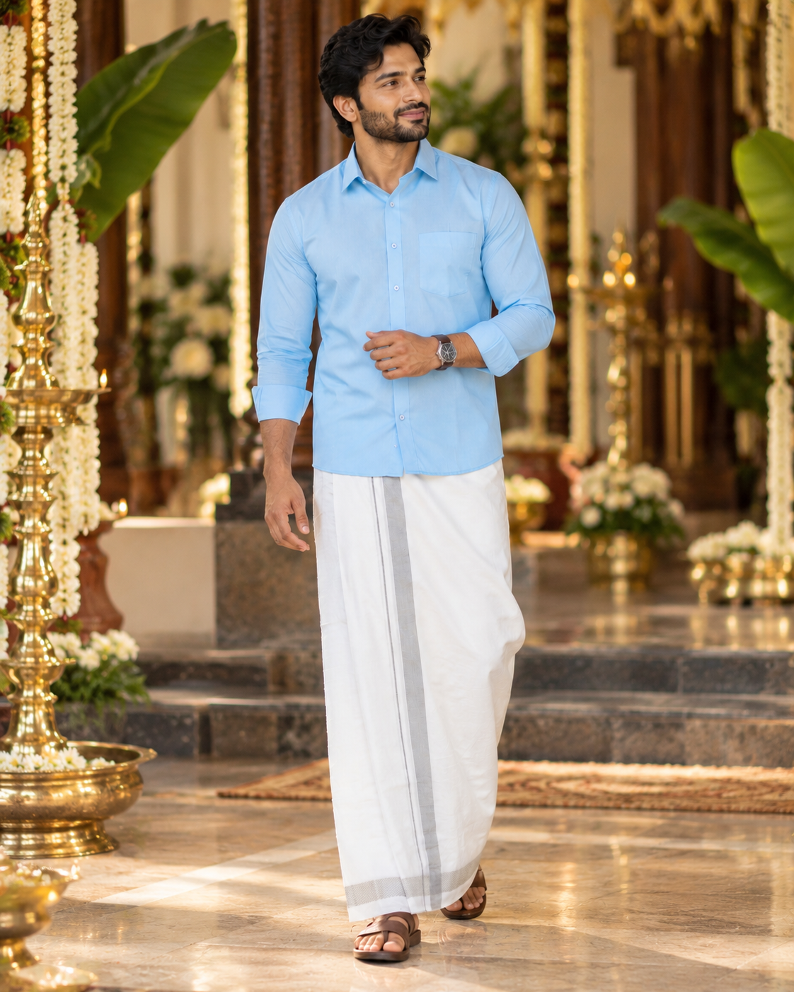 Mellizhai – 100% Cotton Lite Sky Blue Shirt with Silver Zari Border — Cotton