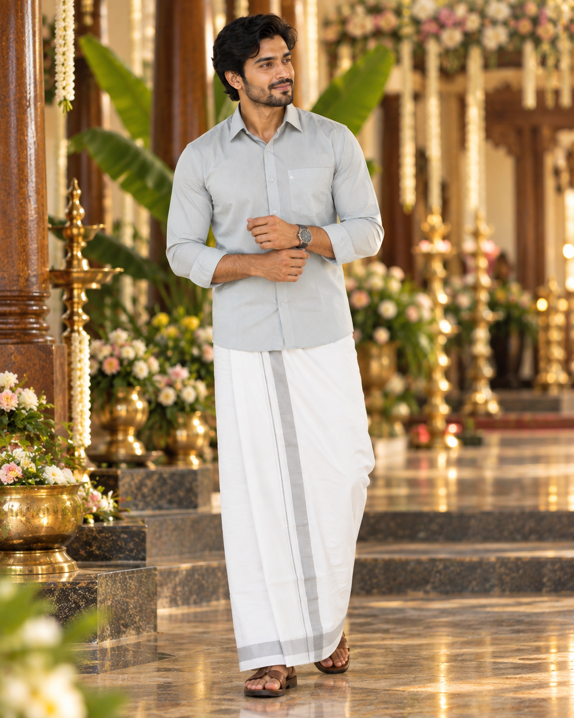 Mellizhai – 100% Cotton Grey Shirt with Silver Zari Border — Cotton