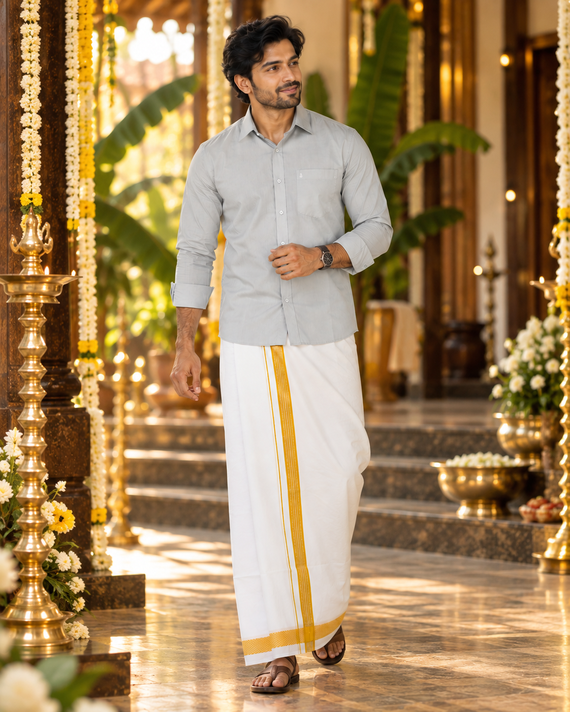 Mellizhai – 100% Cotton Grey Shirt with Gold Zari Border — Cotton