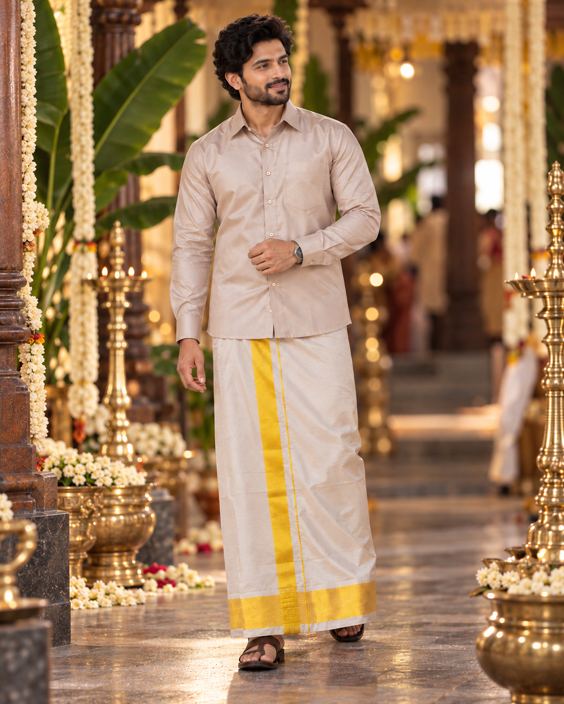 Varnam Art Silk Combo – Sandstone with Gold Zari Border — Art Silk