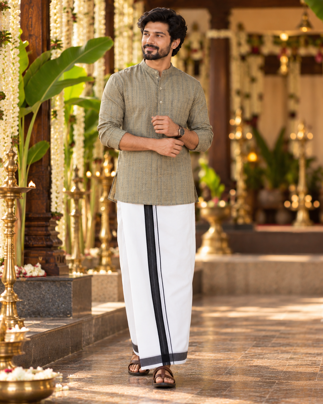 Mellizhai Kurta Combo – 100% Cotton Olive Green with Black Border — Cotton