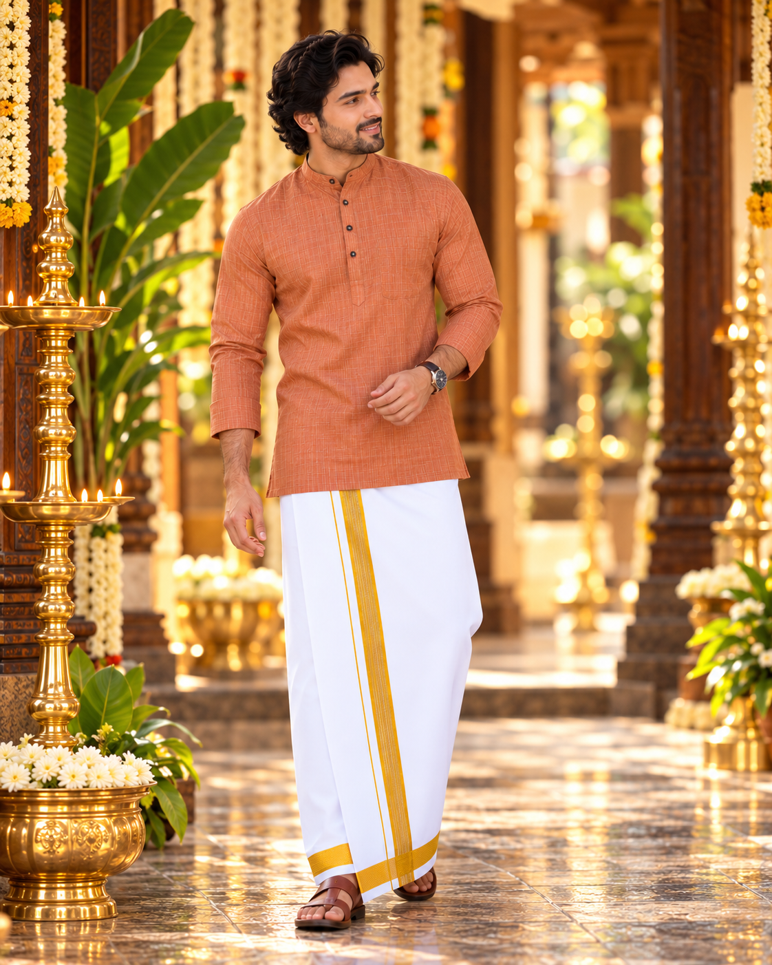 Mellizhai Kurta Combo – 100% Cotton Copper with Gold Zari Border — Cotton