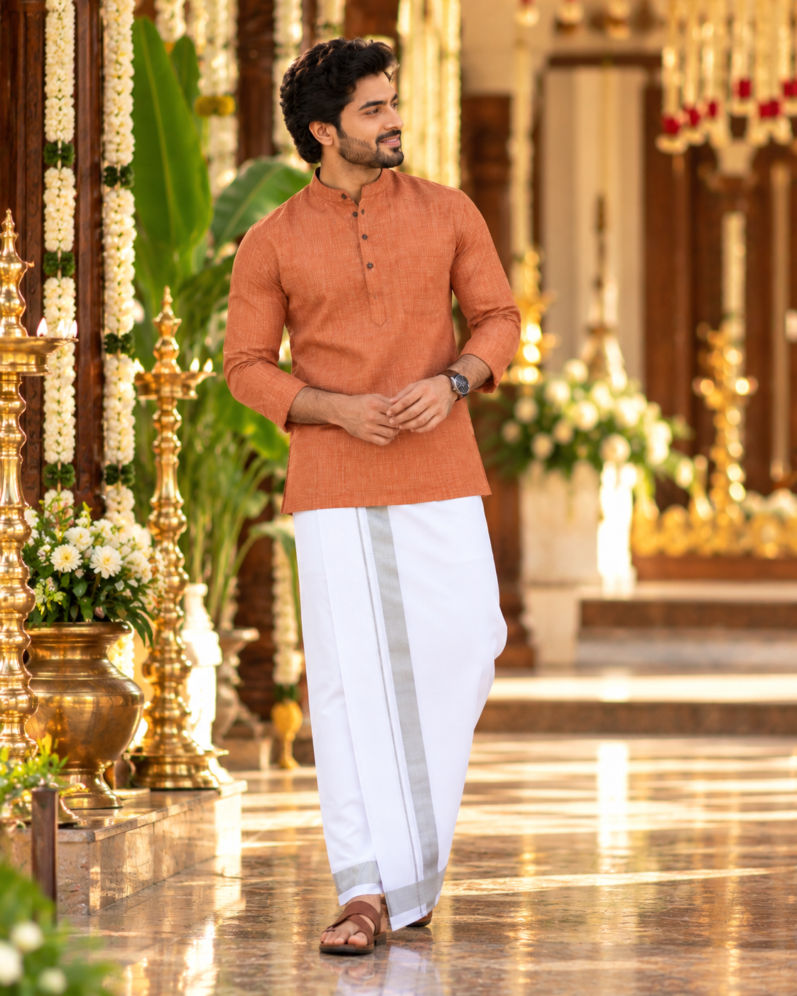 Mellizhai Kurta Combo – 100% Cotton Copper with Silver Zari Border — Cotton