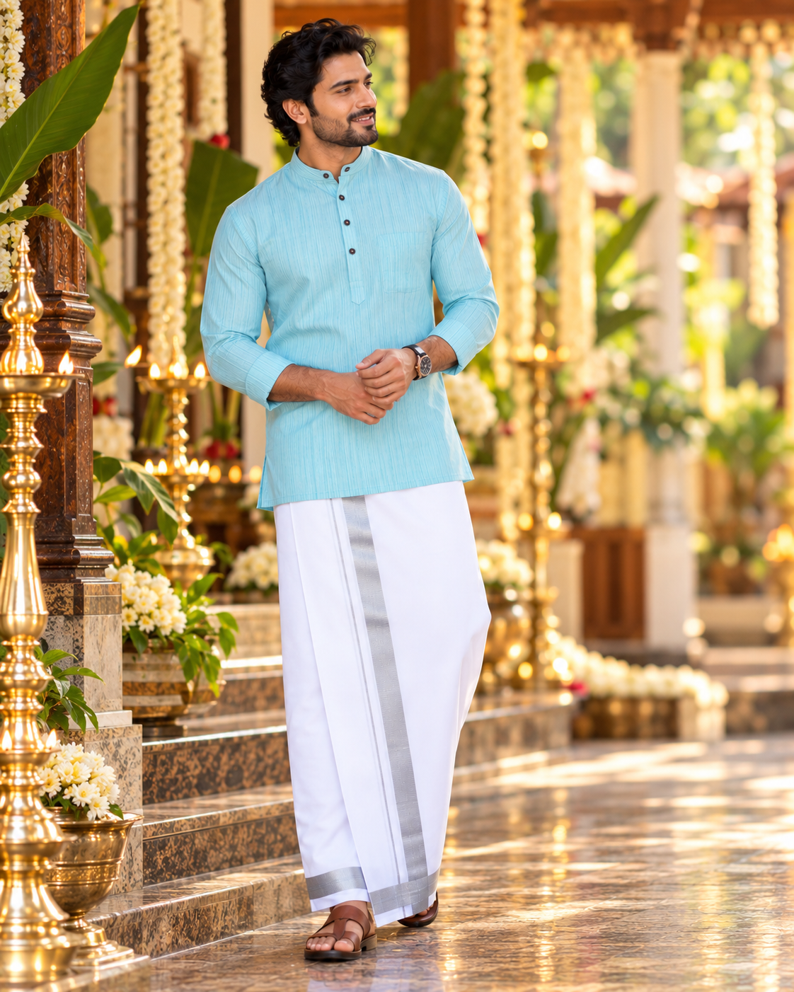 Mellizhai Kurta Combo – 100% Cotton Mint Blue with Silver Zari Border — Cotton