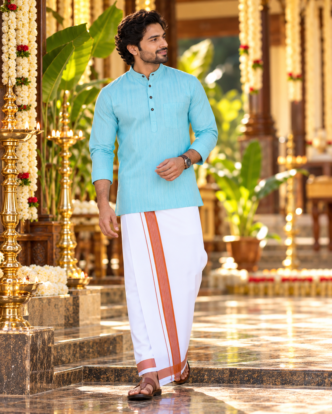 Mellizhai Kurta Combo – 100% Cotton Mint Blue with Copper Zari Border — Cotton