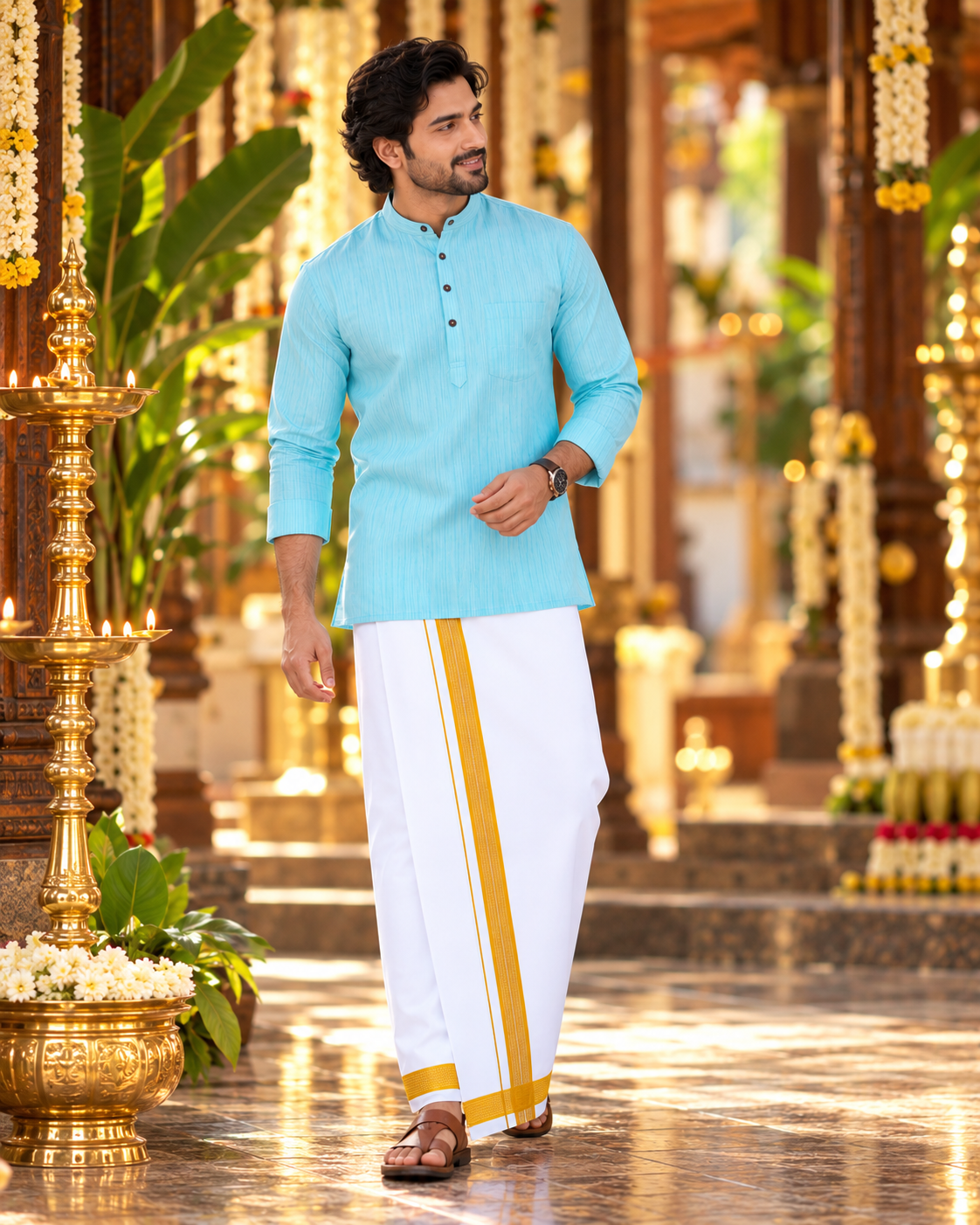 Mellizhai Kurta Combo – 100% Cotton Mint Blue with Gold Zari Border — Cotton