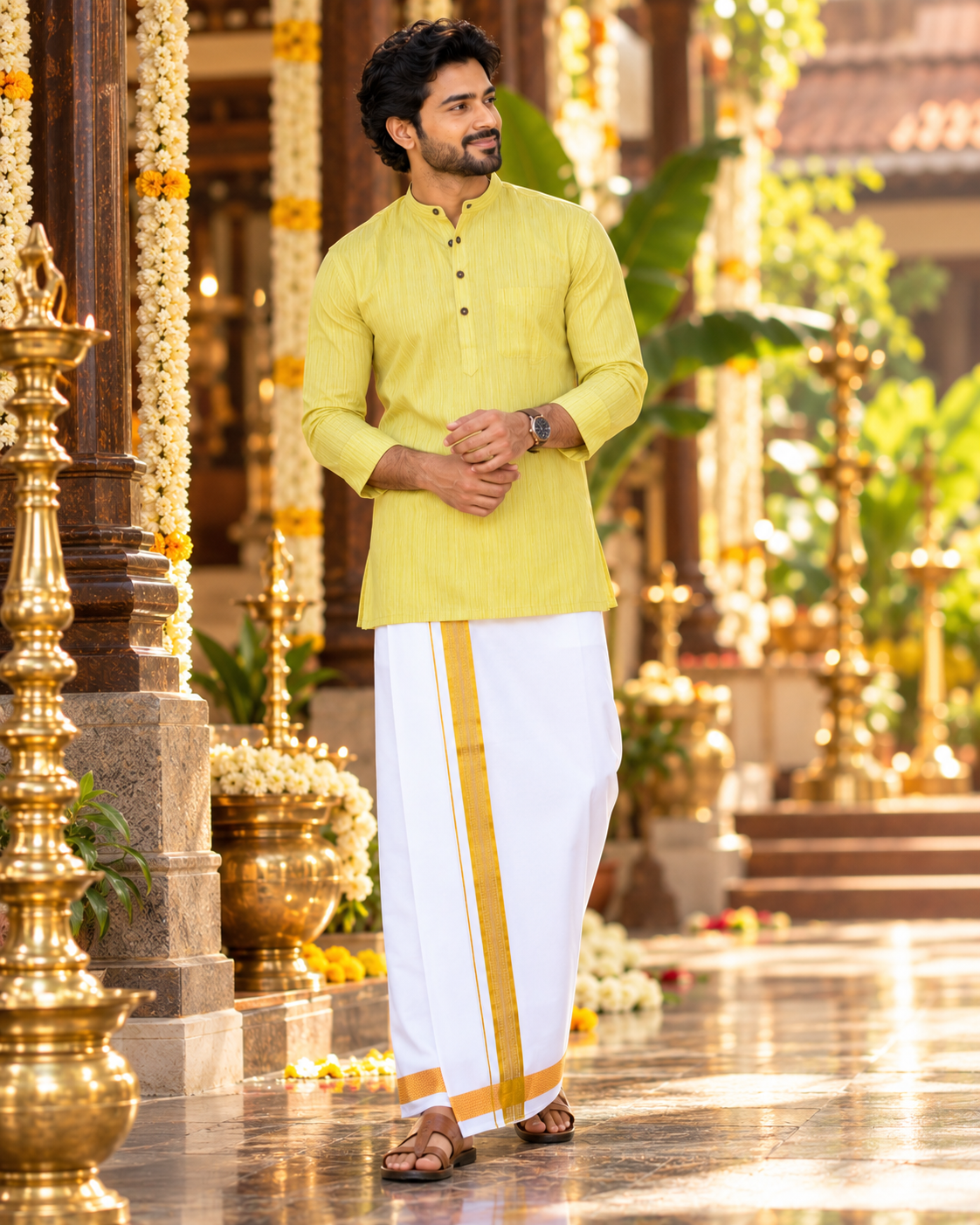 Mellizhai Kurta Combo – 100% Cotton Yellow with Gold Zari Border — Cotton