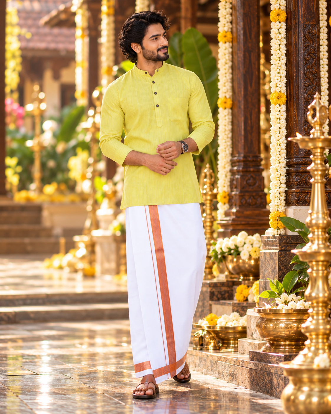 Mellizhai Kurta Combo – 100% Cotton Yellow with Copper Zari Border — Cotton