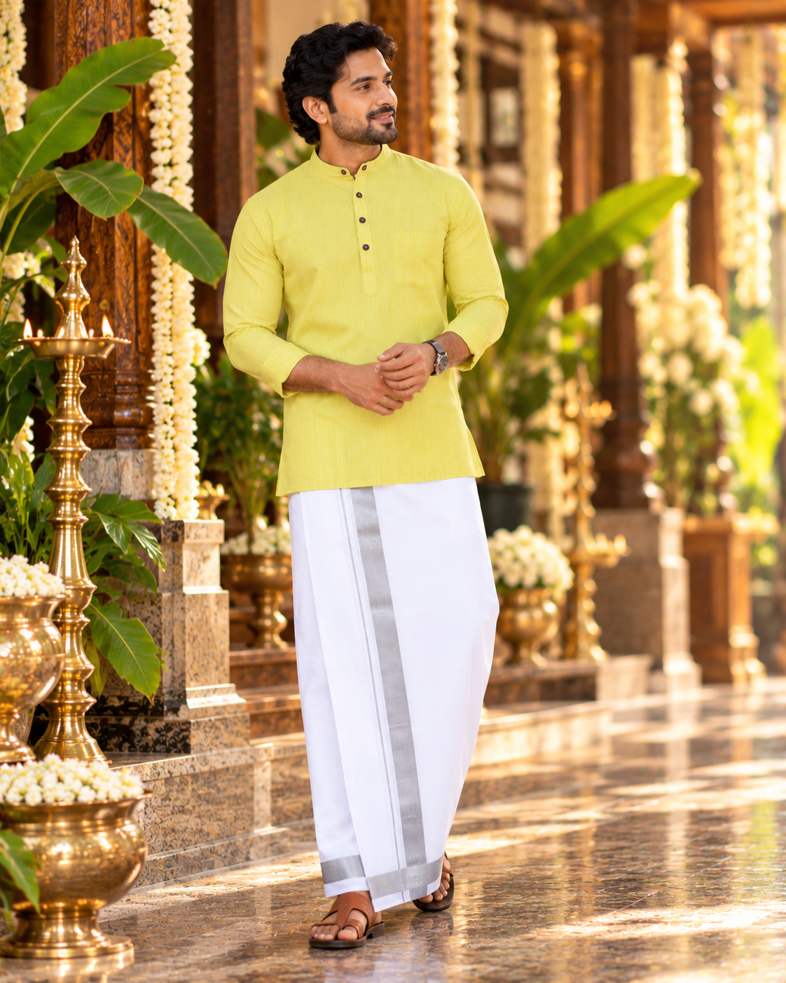 Mellizhai Kurta Combo – 100% Cotton Yellow with Silver Zari Border — Cotton