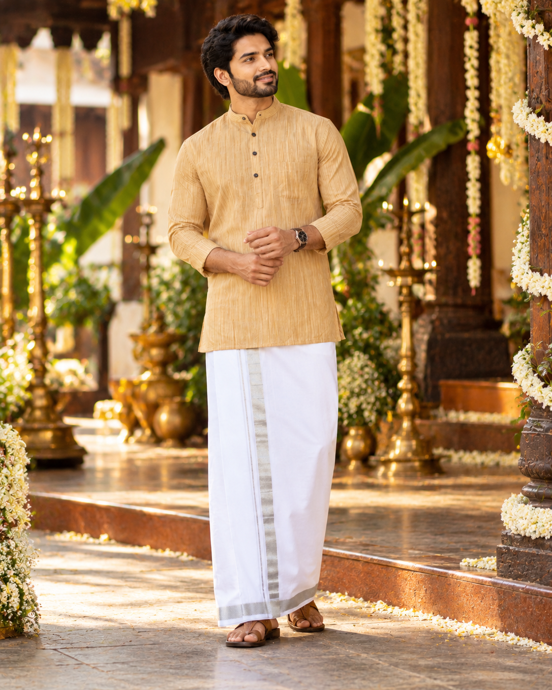 Mellizhai Kurta Combo – 100% Cotton Wood Textured with Silver Zari Border — Cotton