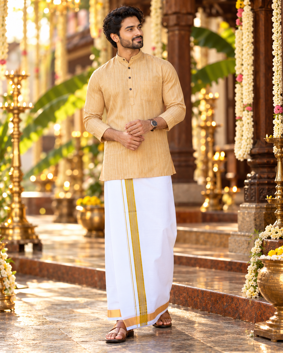 Mellizhai Kurta Combo – 100% Cotton Wood Textured with Gold Zari Border — Cotton