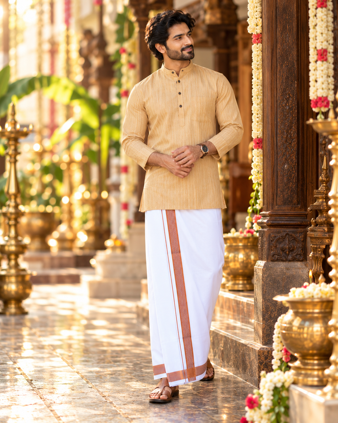 Mellizhai Kurta Combo – 100% Cotton Wood Texture with Copper Zari Border — Cotton